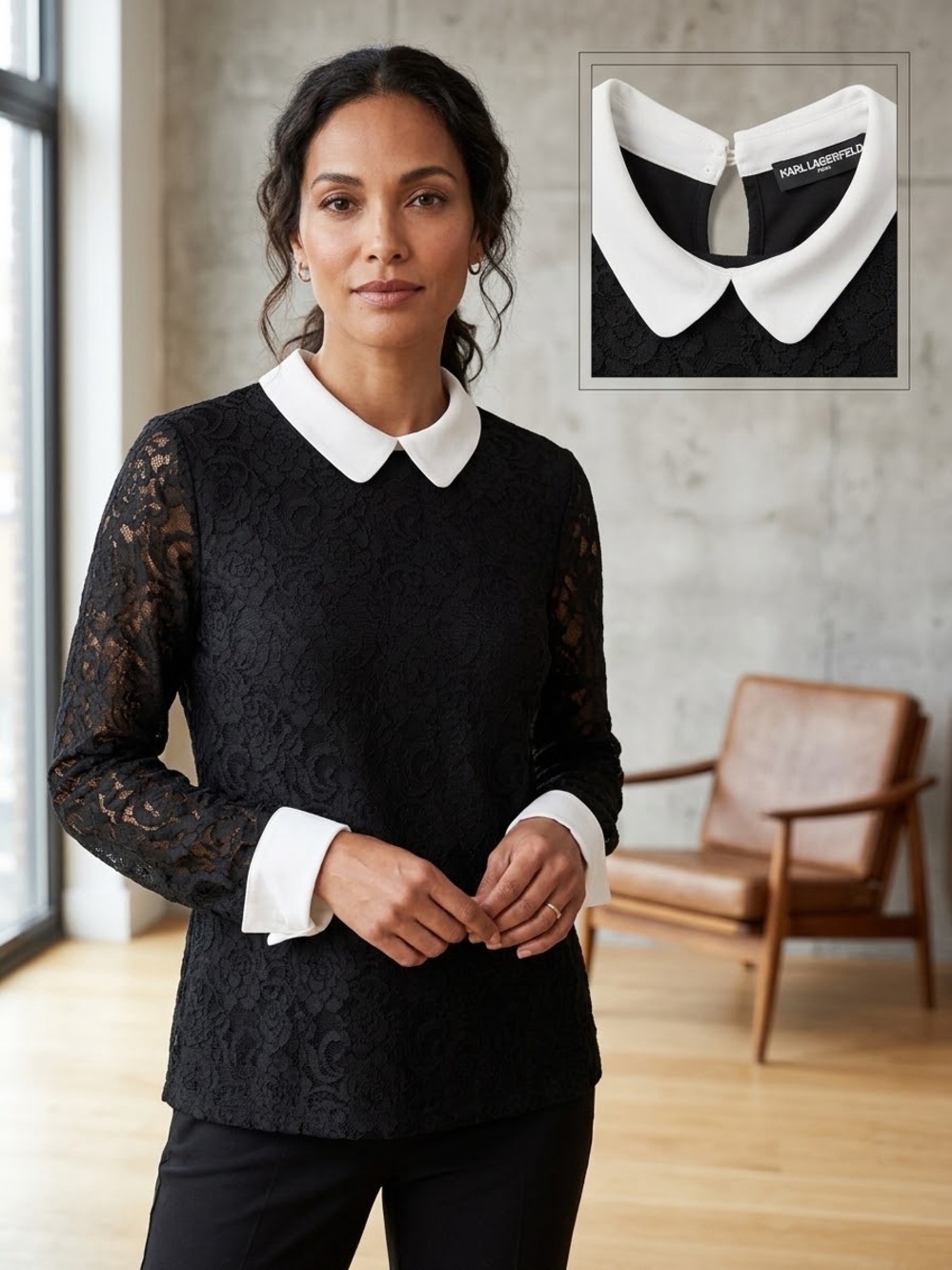 Karl Lagerfeld Black Lace Blouse with White Peter Pan Collar and Cuffs
